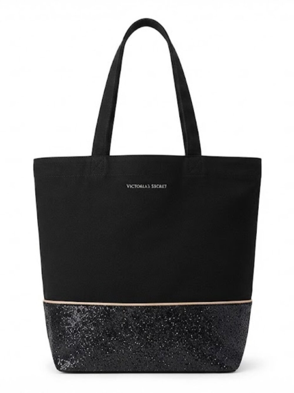Victoria's Secret Black Canvas Glitter Trim Shoulder Tote Travel Beach Gym Bag